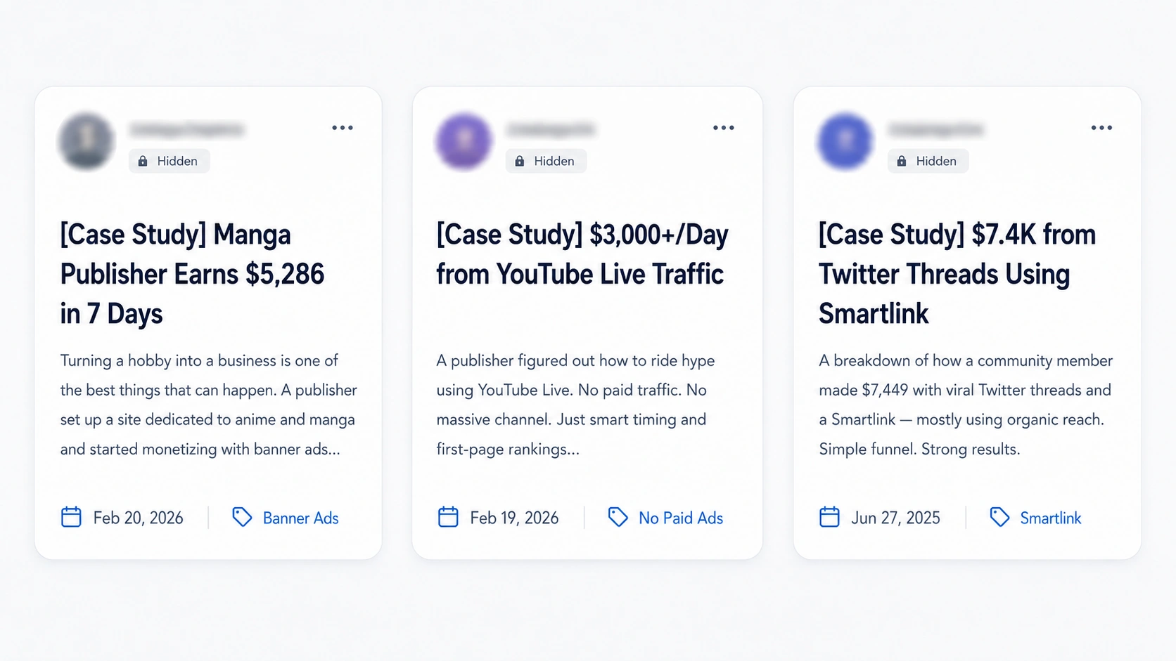 Three blurred affiliate marketing case study teaser cards showing real traffic and monetization examples